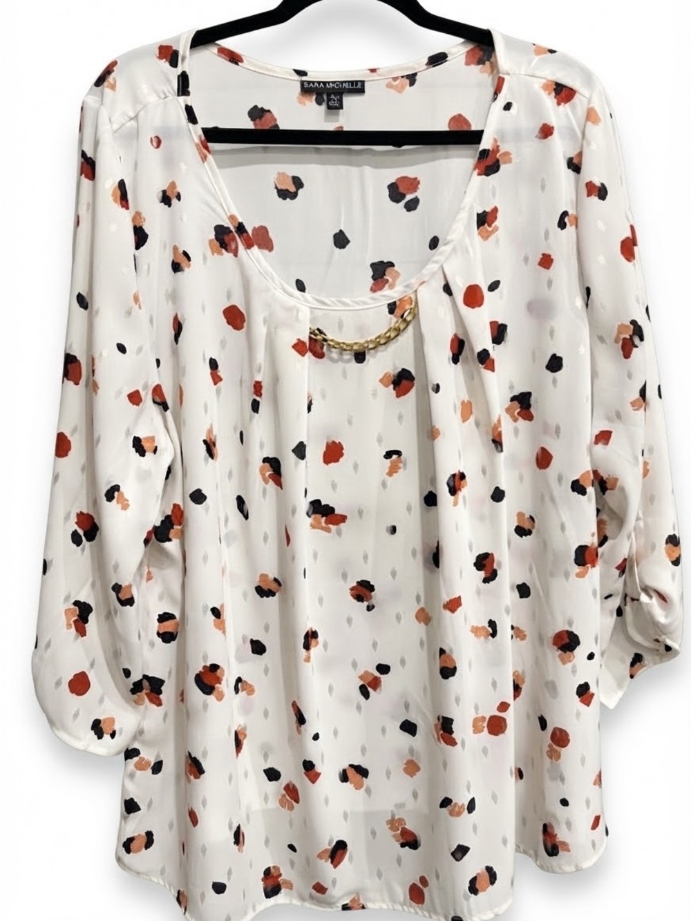 Sara Michelle White Blouse with Red, Black & Orange Floral Spots